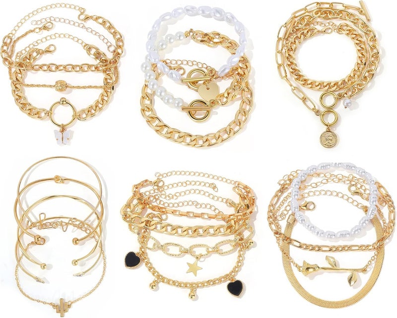 IFKM 6 PACK (24 PCS) Boho Gold Chain Bracelets Set for Women, 14K Gold Plated Multiple Layered Stackable Open Cuff Wrap Bangle Adjustable Link Italian Cuban Jewelry for Women Gift - Image 1
